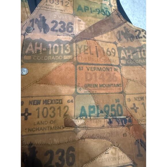 Leather Patchwork USA State License Plates Vtg Vest XL Jazzman Oklahoma Snaps - Picture 4 of 7